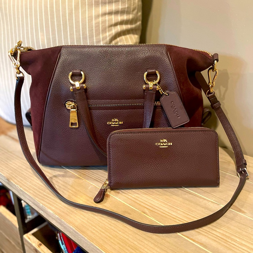 Coach Prairie Leather And Suede Satchel In Oxblood With Matching Wallet